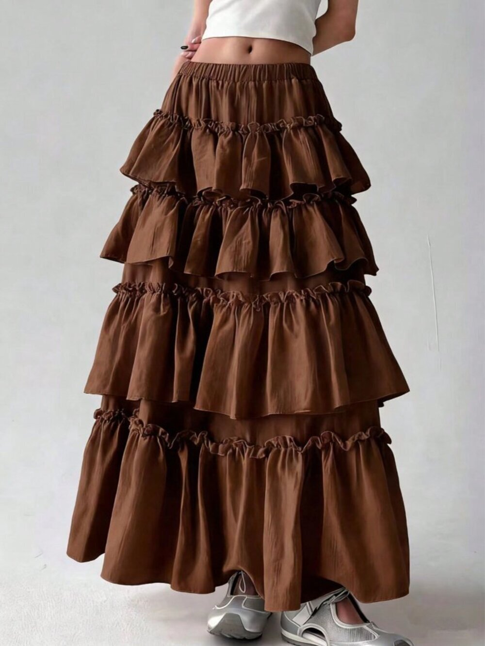Mocha Brown Casual Women's Elegant Layered Skirt